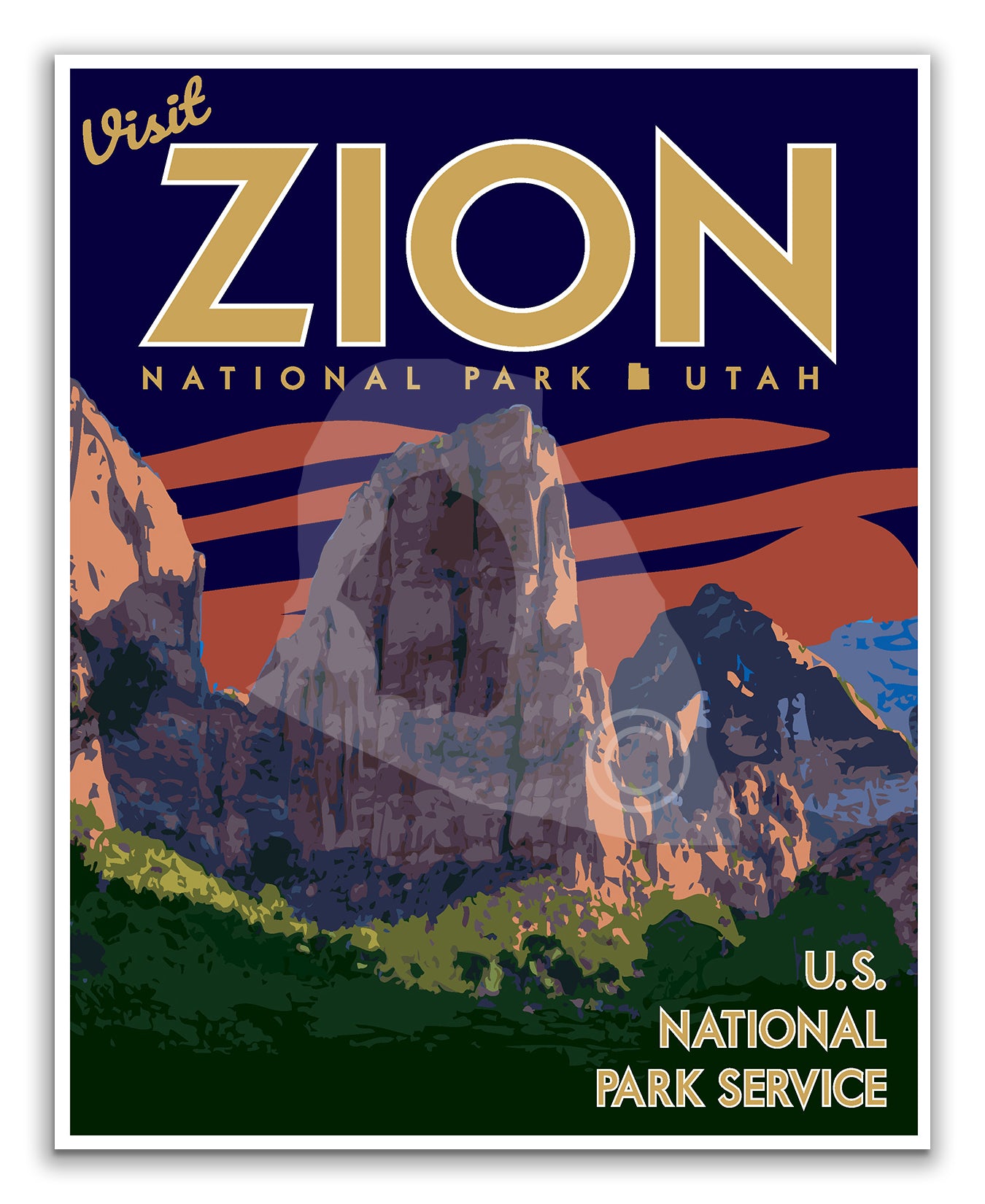 Zion National Park Print, Zion Utah Poster, Utah Blue Sky Vintage Style Travel Art