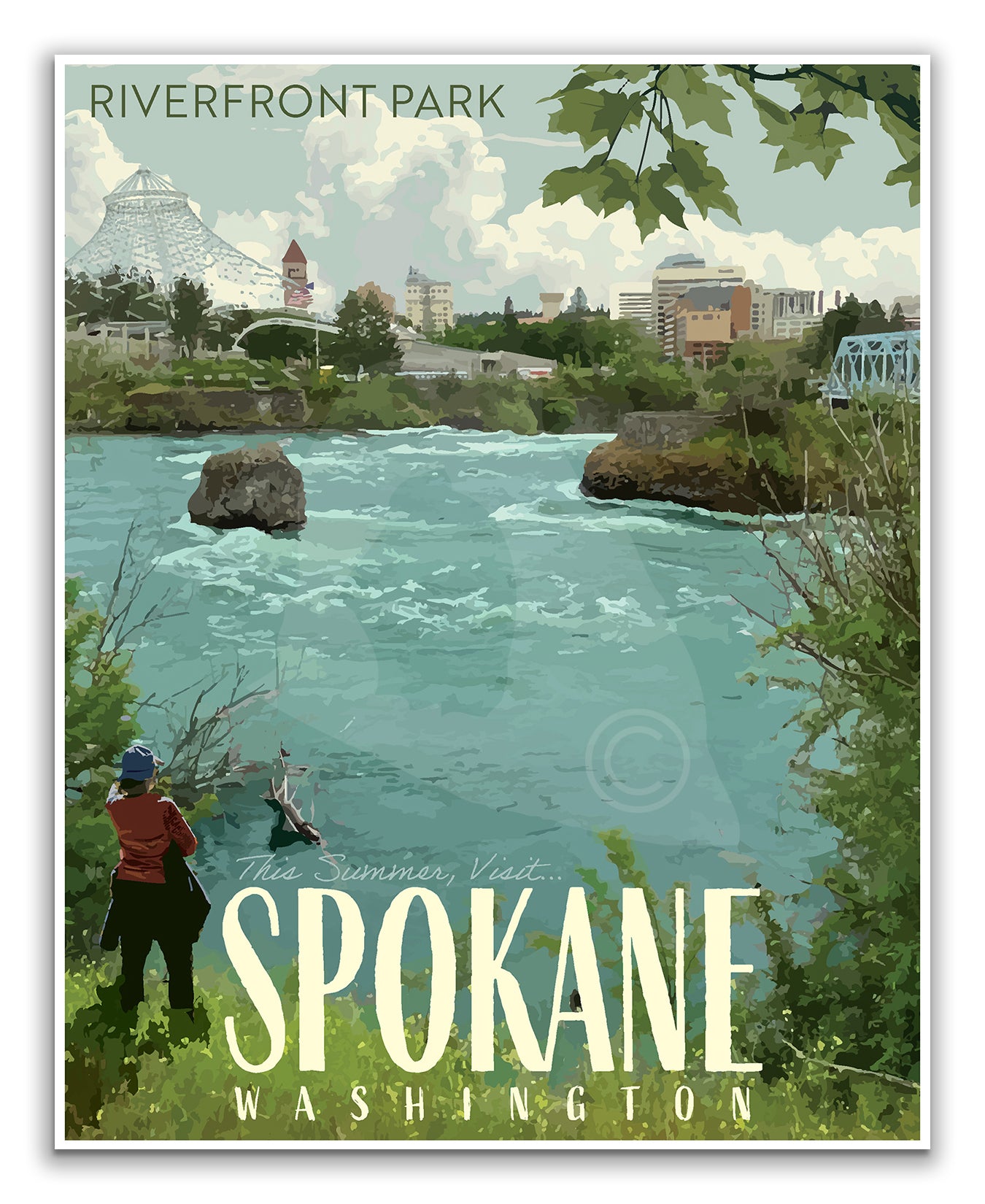 Spokane Washington Poster, Spokane Riverfront Park Print, Spokane Falls Vintage Style Travel Art