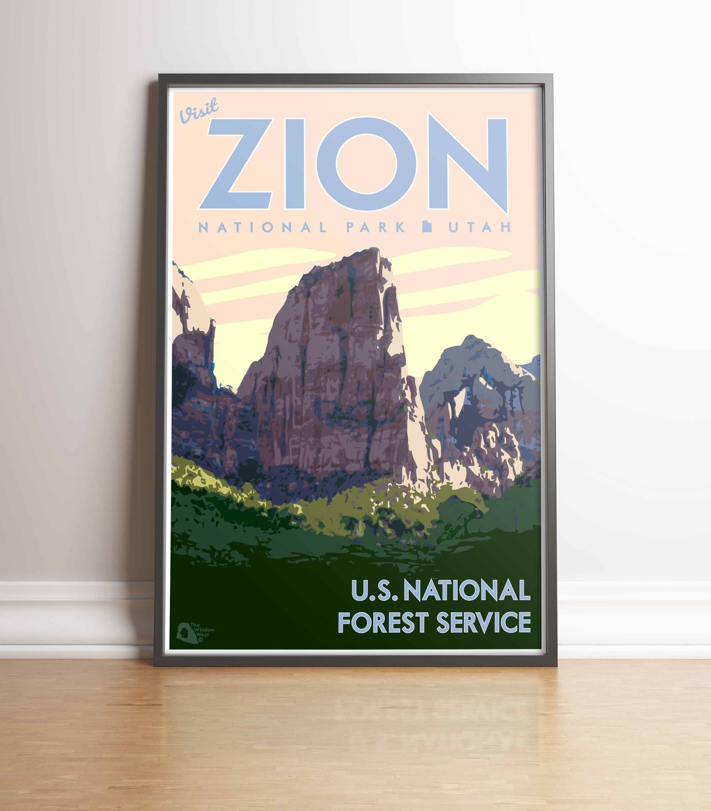 Zion National Park Print, Zion Utah Poster, Utah Pink Sky Vintage Style Travel Art