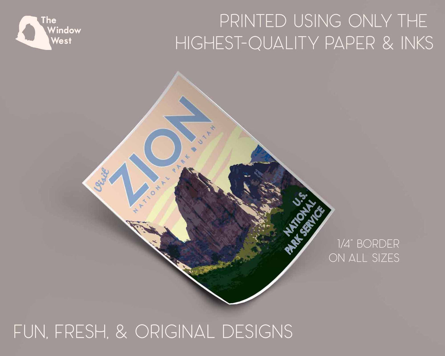 Zion National Park Print, Zion Utah Poster, Utah Pink Sky Vintage Style Travel Art