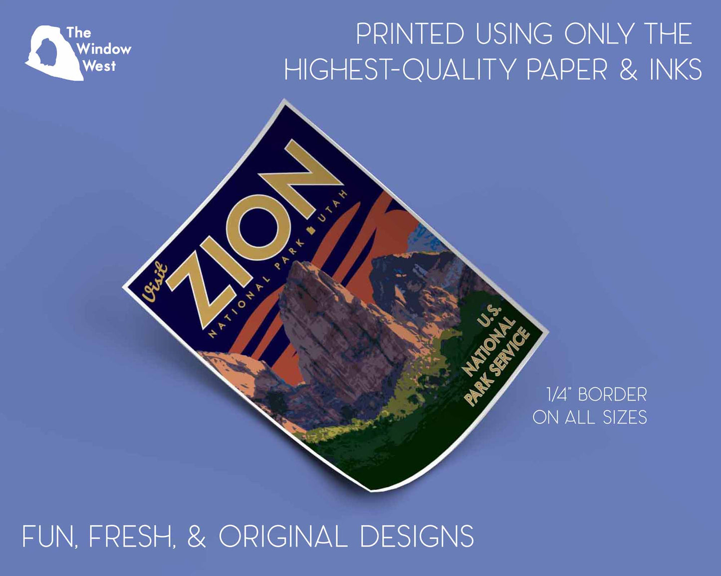 Zion National Park Print, Zion Utah Poster, Utah Blue Sky Vintage Style Travel Art
