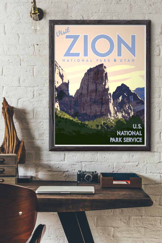 Zion National Park Print, Zion Utah Poster, Utah Pink Sky Vintage Style Travel Art