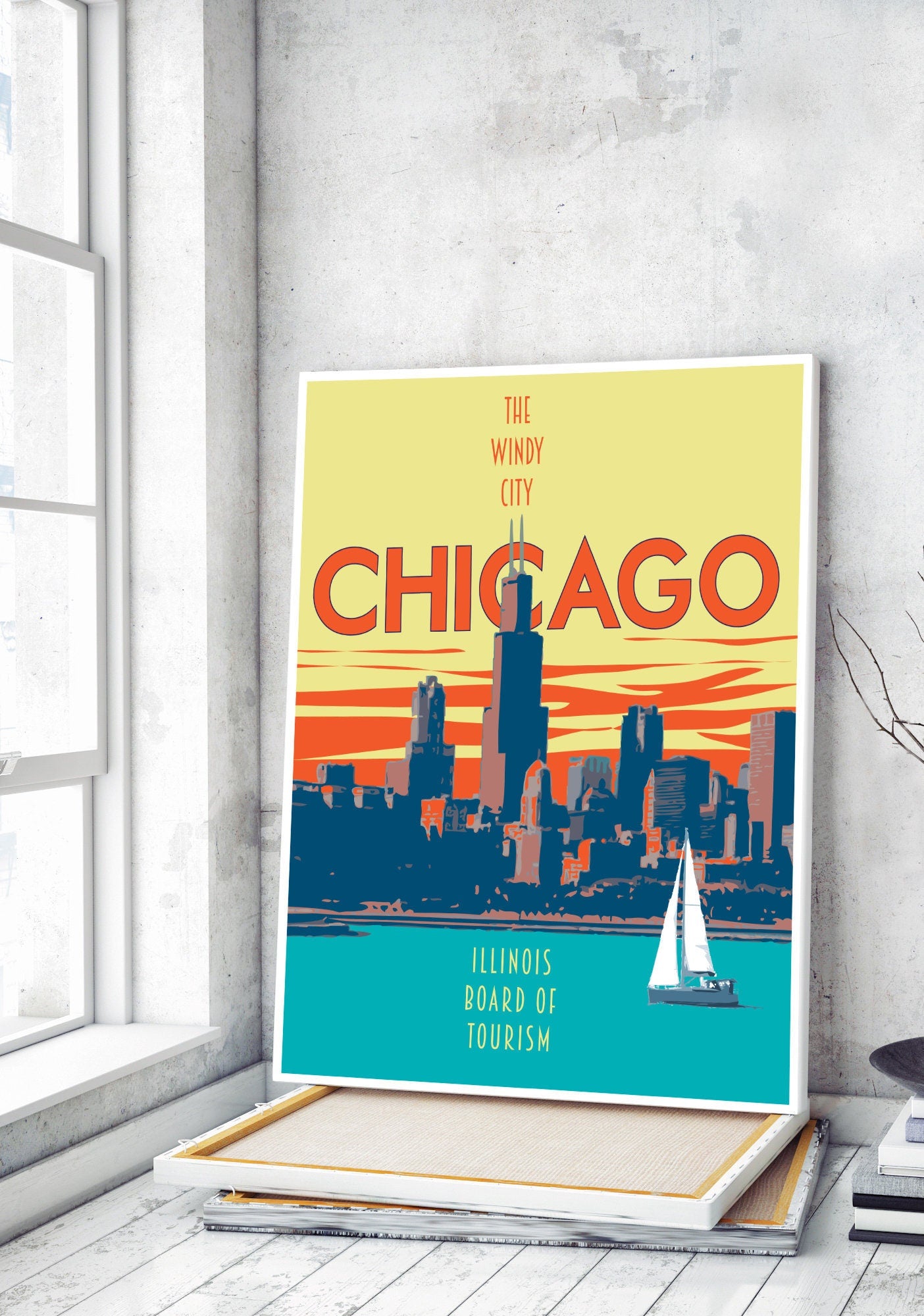 Chicago Illinois Travel Print, Chicago Cityscape Poster, Vintage Style Travel Poster, Chicago Lakefront Art
