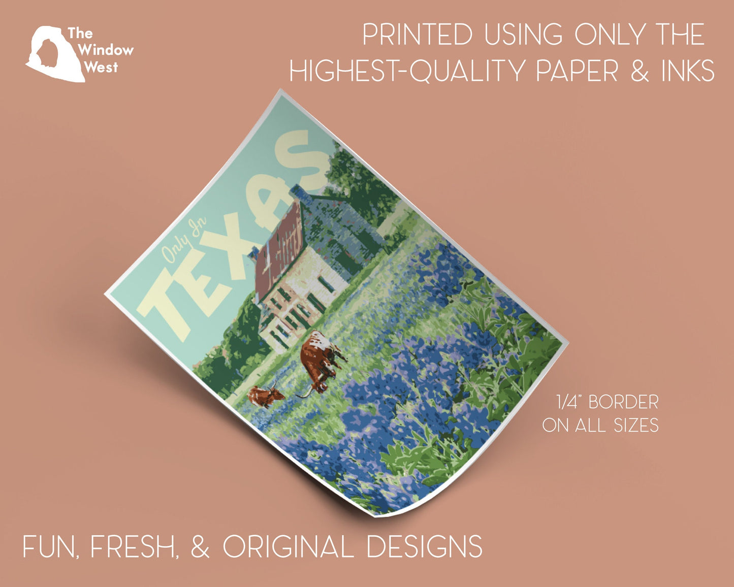 Texas Print, Texas Bluebonnet Poster, Texas Vintage Style Travel Art
