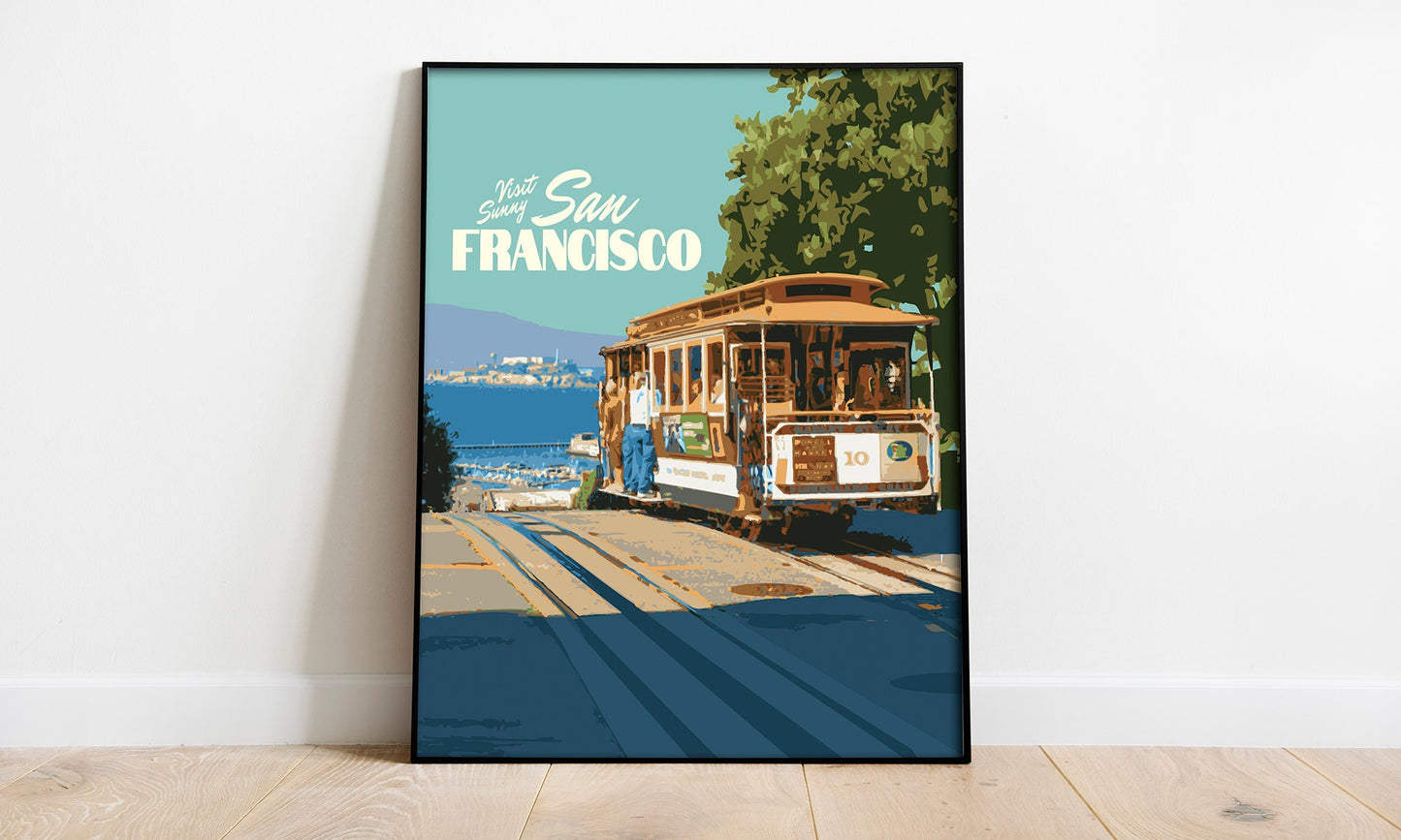 San Francisco California Print, San Francisco Trolley Car Poster, California Vintage Style Travel Art