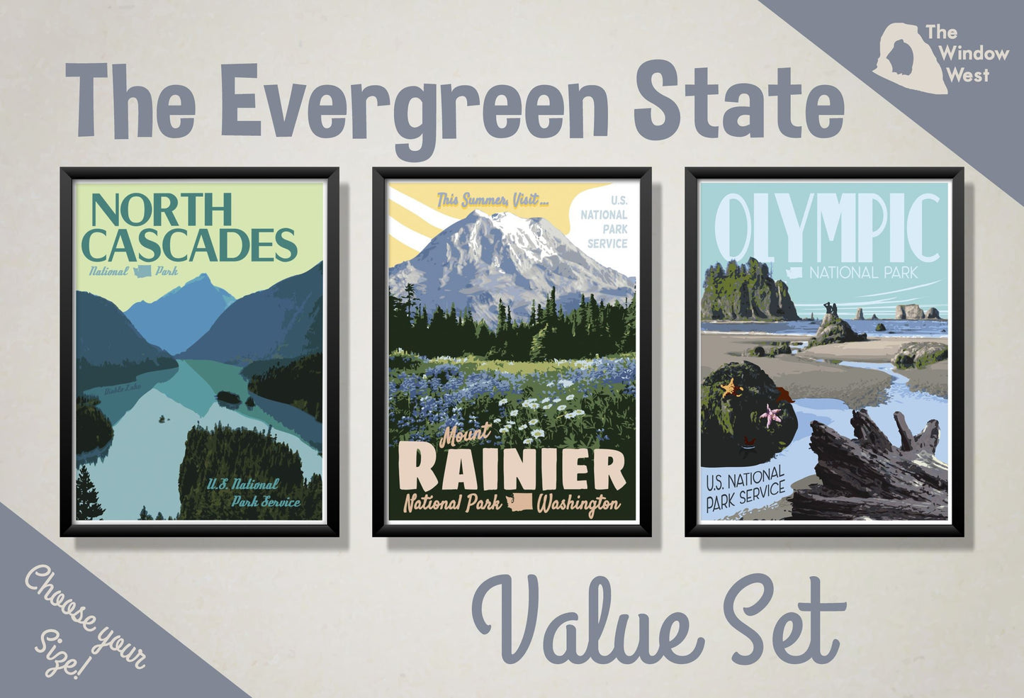 Washington National Park Prints, North Cascades National Park Print, Mountain Rainier National Park Print, Olympic National Park Print, Three Print Value Set