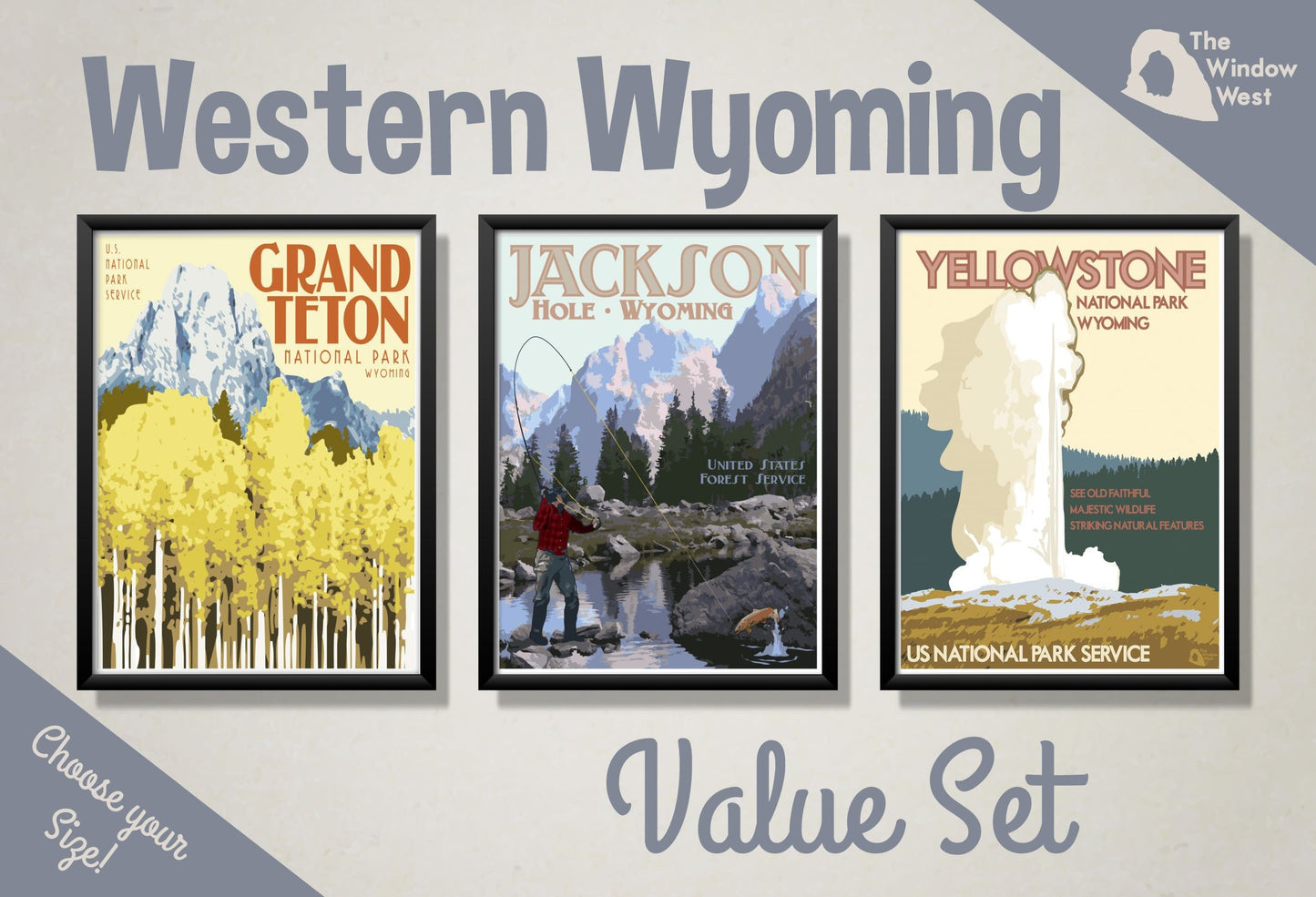Wyoming Print Set, Grand Teton National Park Poster, Jackson Hole Wyoming Poster, Yellowstone National Park Poster, Three Print Value Set