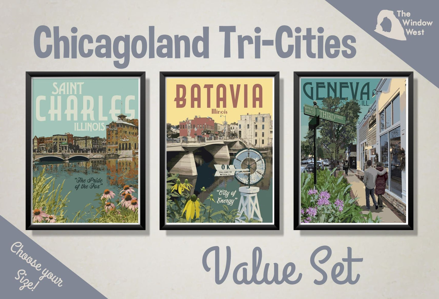 Chicagoland Tri-Cities Vintage Style Travel Prints, Saint Charles Illinois Poster, Batavia Illinois Poster, Geneva Illinois Poster, Three Print Value Set