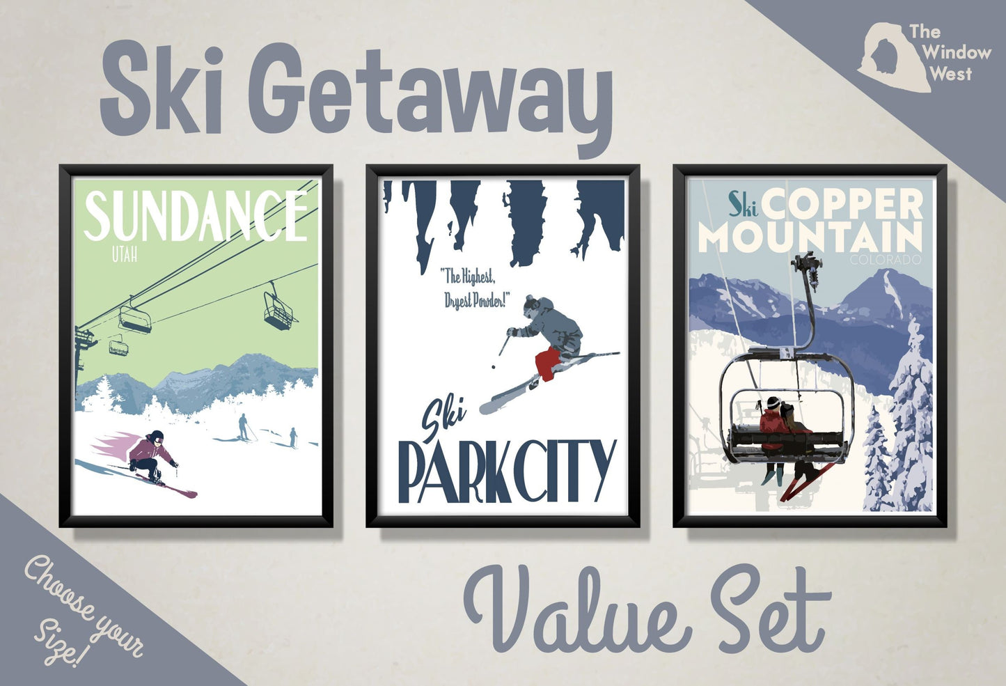 Ski Travel Prints, Sundance Poster, Park City Poster, Copper Mountain Poster, Ski Vintage Style Travel Art, Three Print Value Set
