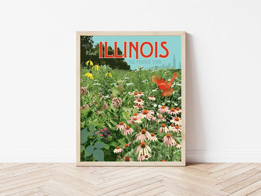 Illinois Wildflower Print, Illinois Prairie State Poster, Vintage Style Travel Art