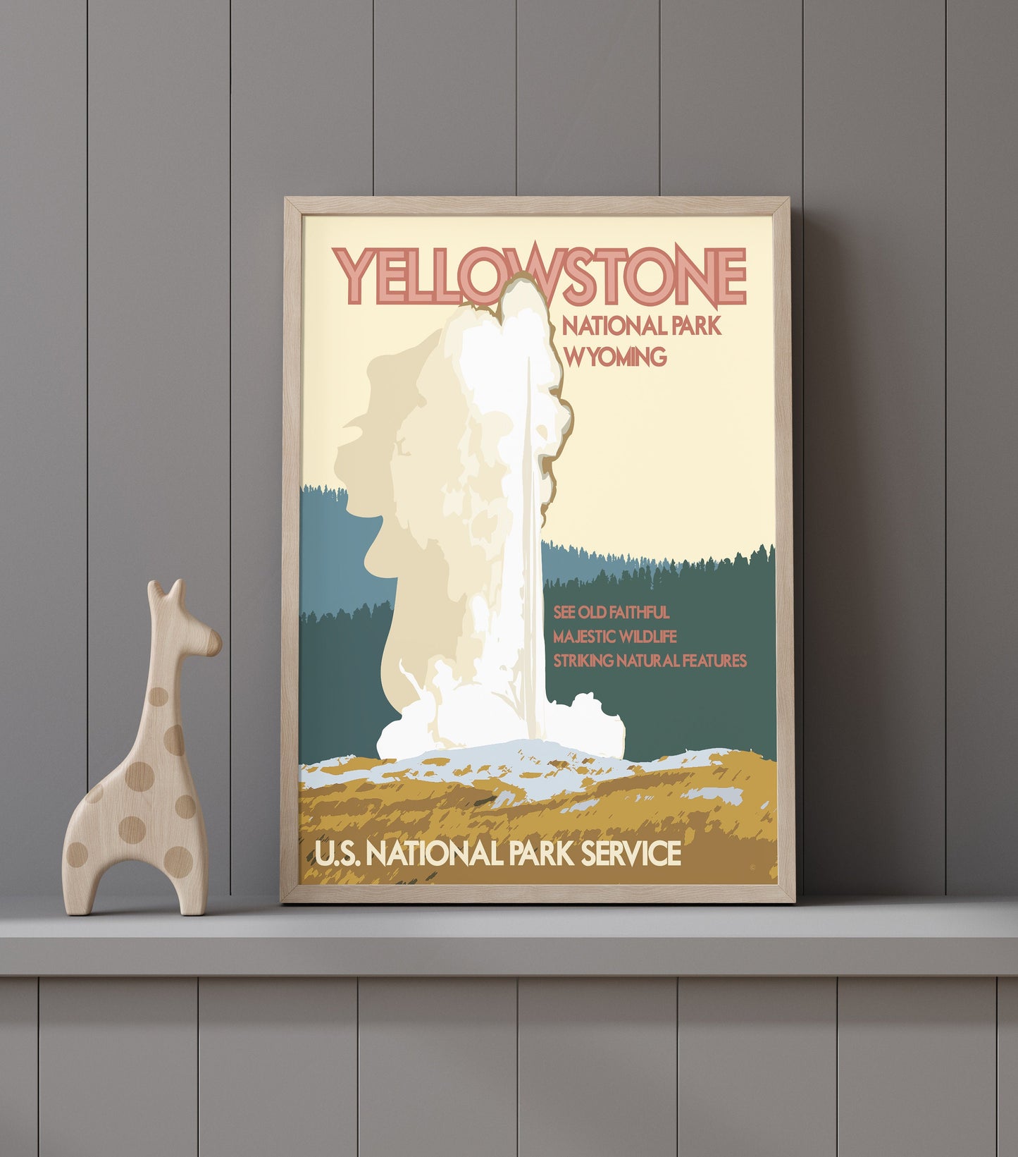 Yellowstone National Park Print, Yellowstone National Park Wyoming Poster, Old Faithful Print, Vintage Style Travel Art