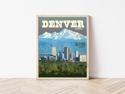 Denver Colorado Print, Downtown Denver Poster, Denver Mountains, Vintage Style Travel Art