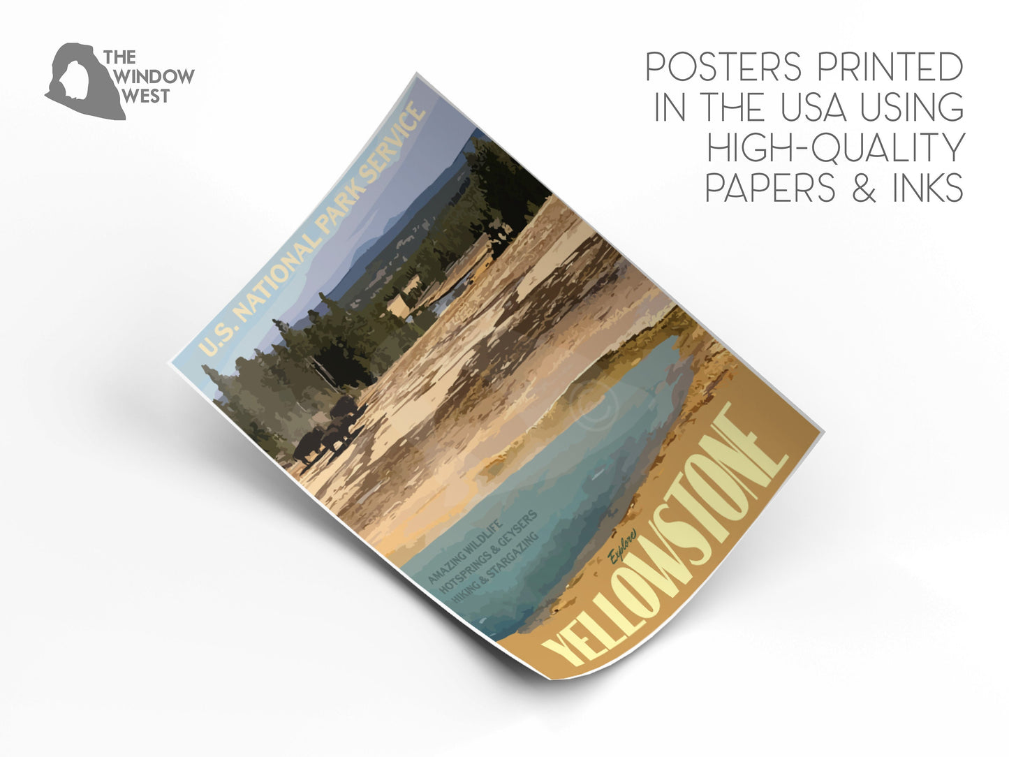 Yellowstone National Park Print, Yellowstone Wyoming Poster, Yellowstone Hot Springs Print, Vintage Style Travel Art