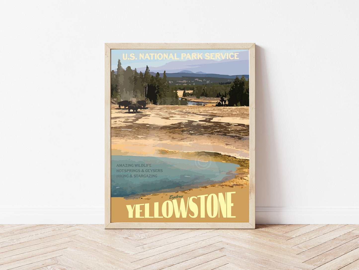 Yellowstone National Park Print, Yellowstone Wyoming Poster, Yellowstone Hot Springs Print, Vintage Style Travel Art