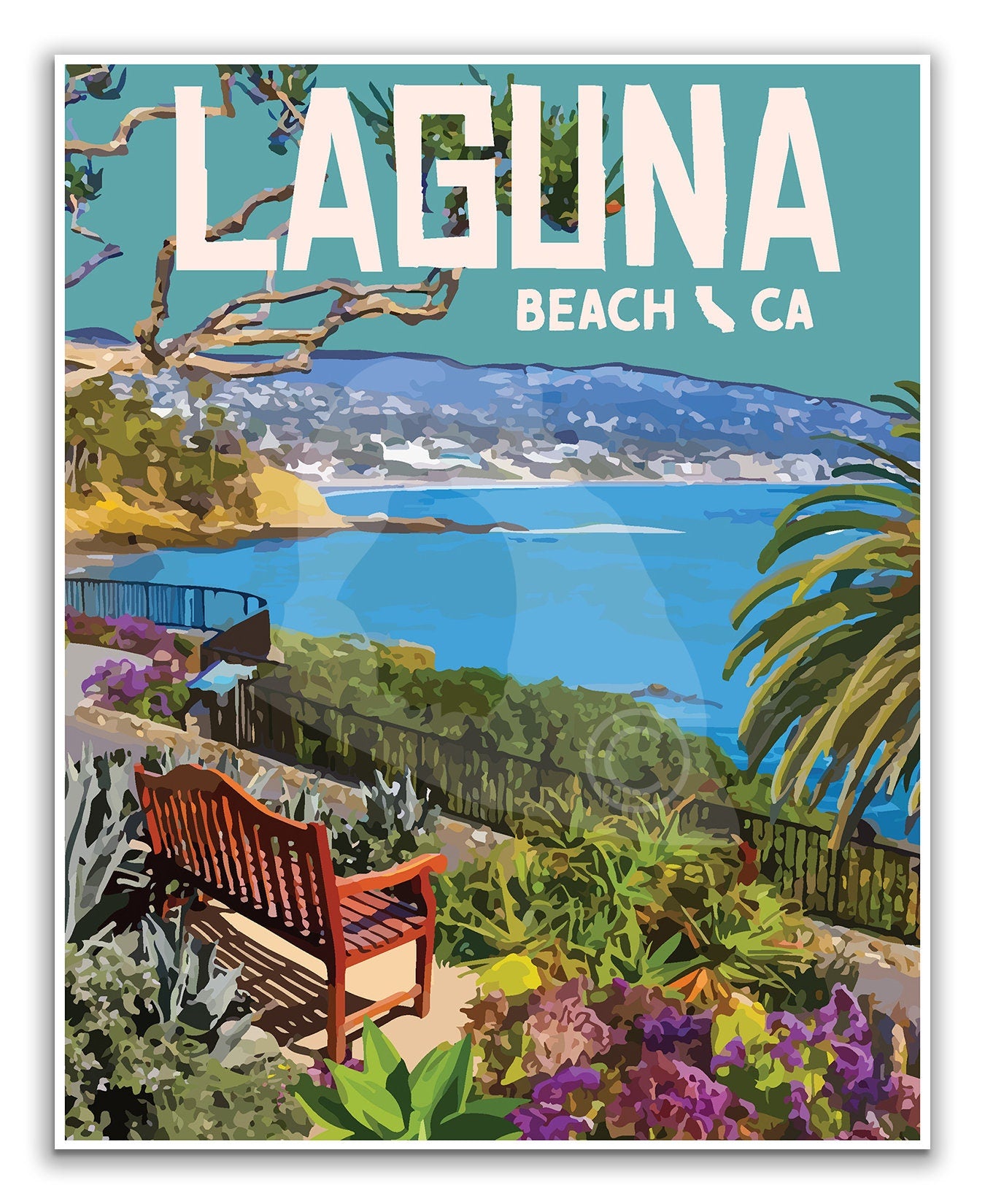 Laguna Beach California Print, California Beach Poster, Vintage Style Travel Art