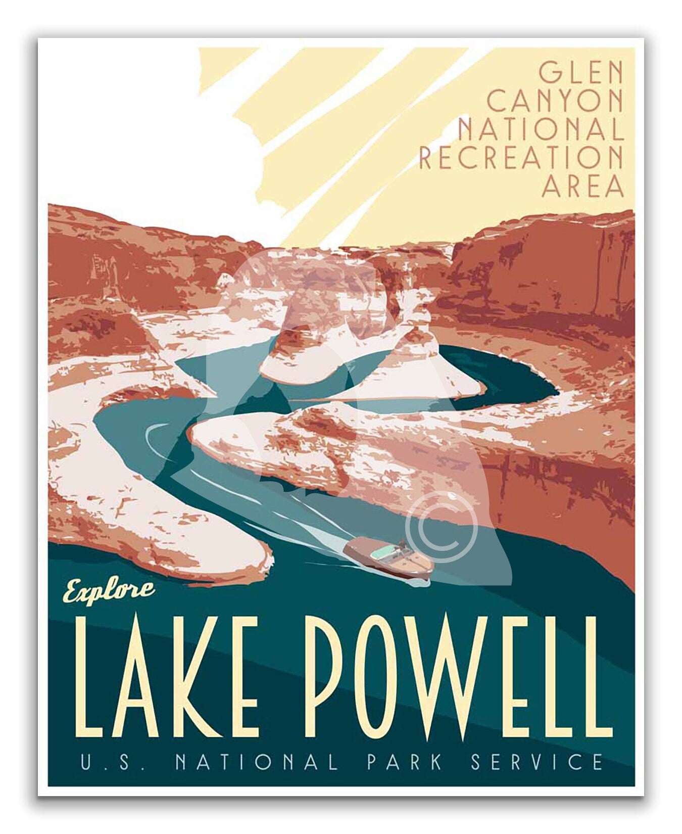 Lake Powell Print, Lake Powell Horseshoe Bend Poster, Utah Vintage Style Travel Art