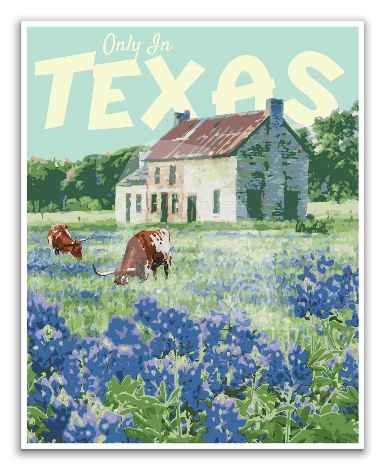Texas Print, Texas Bluebonnet Poster, Texas Vintage Style Travel Art