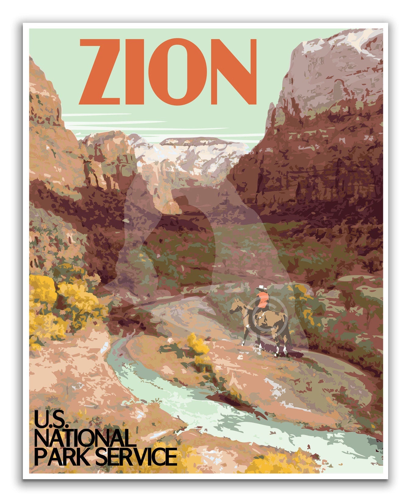 Zion National Park Print, Zion Utah Poster, Utah Vintage Style Travel Art