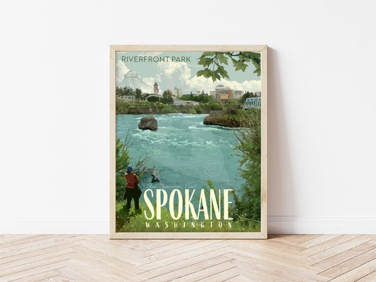 Spokane Washington Poster, Spokane Riverfront Park Print, Spokane Falls Vintage Style Travel Art