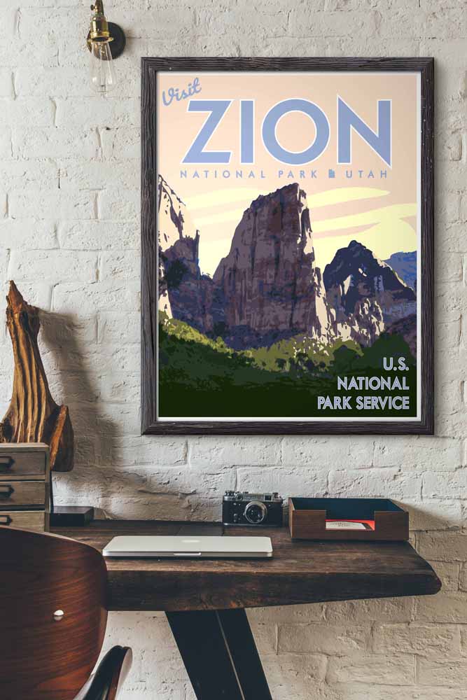 Zion National Park Print,  Zion Utah Poster, Utah Pink Sky Vintage Style Travel Art