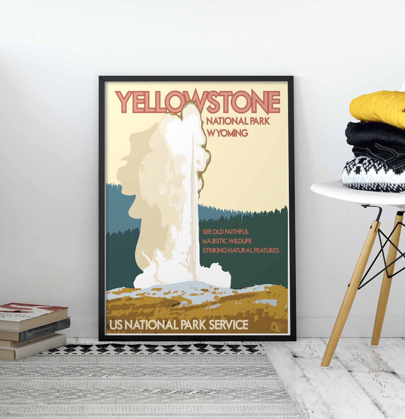 Yellowstone National Park Print, Yellowstone National Park Wyoming Poster, Old Faithful Print, Vintage Style Travel Art