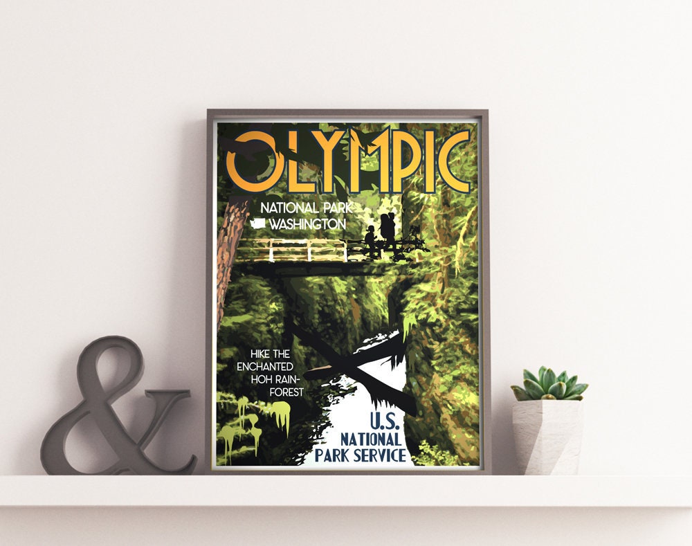 Olympic National Park Print, Olympic Washington Rain Forest Poster, Olympic Vintage Style Travel Art
