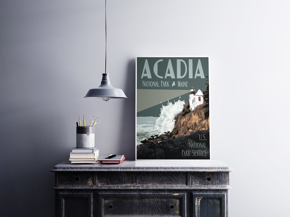 Acadia National Park Travel Poster, Acadia Lighthouse Poster, Vintage Travel Poster, National Park Poster