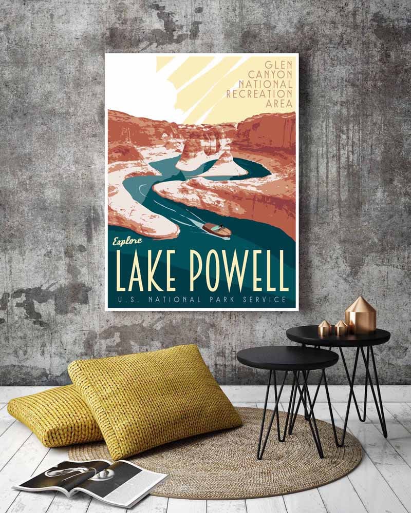 Lake Powell Print, Lake Powell Horseshoe Bend Poster, Utah Vintage Style Travel Art