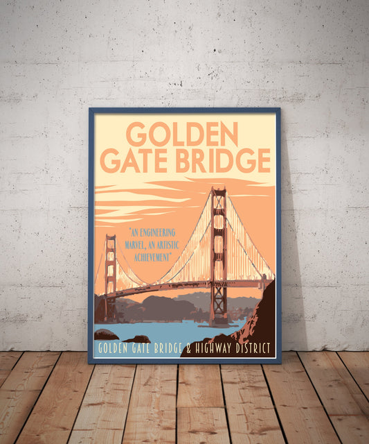 Golden Gate Bridge Print, San Francisco Poster, California Vintage Style Travel Art