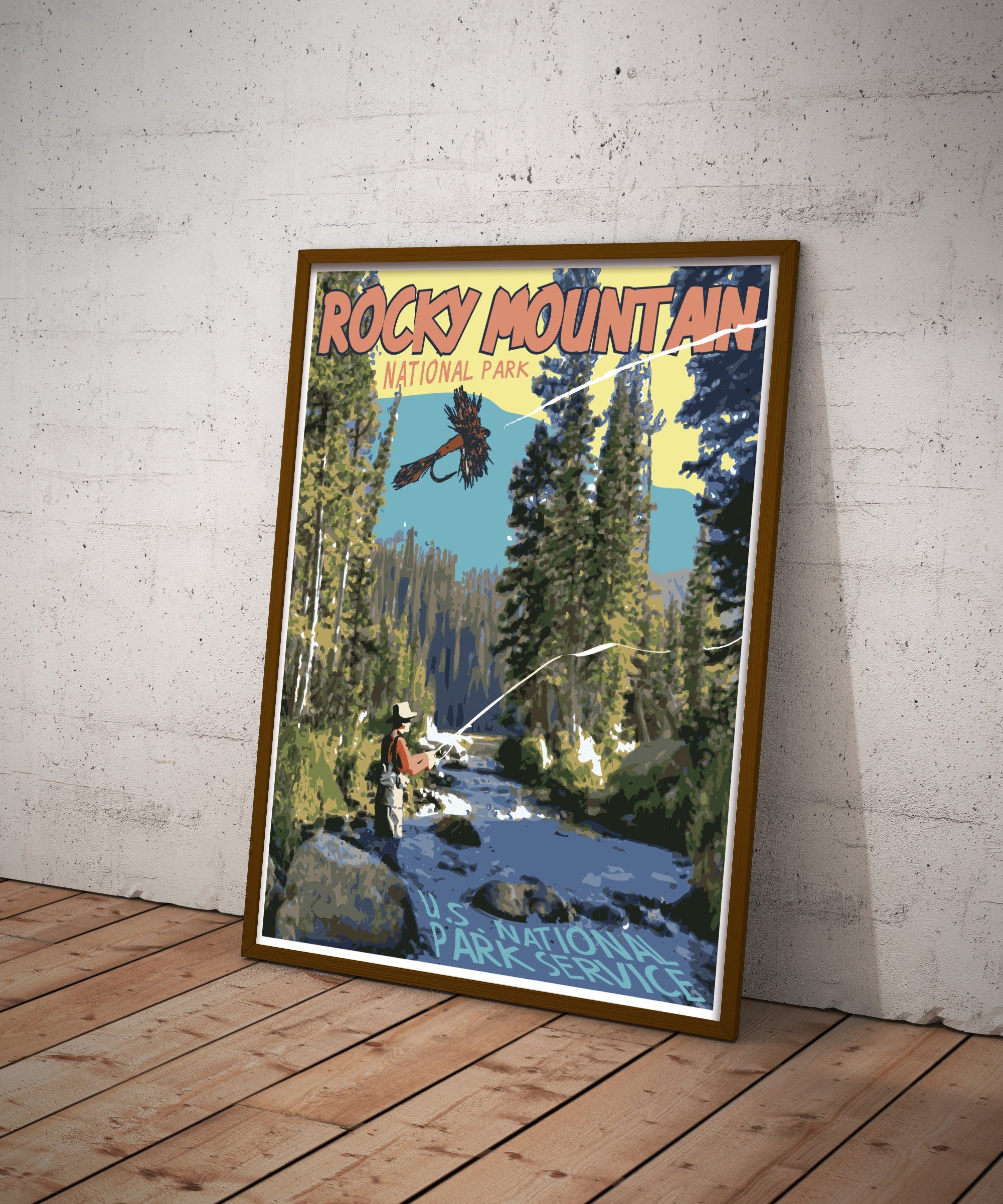 Rocky Mountain National Park Print, Rocky Mountain Colorado Fly-fishing Poster, Colorado Vintage Style Travel Art