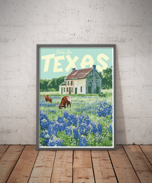 Texas Print, Texas Bluebonnet Poster, Texas Vintage Style Travel Art