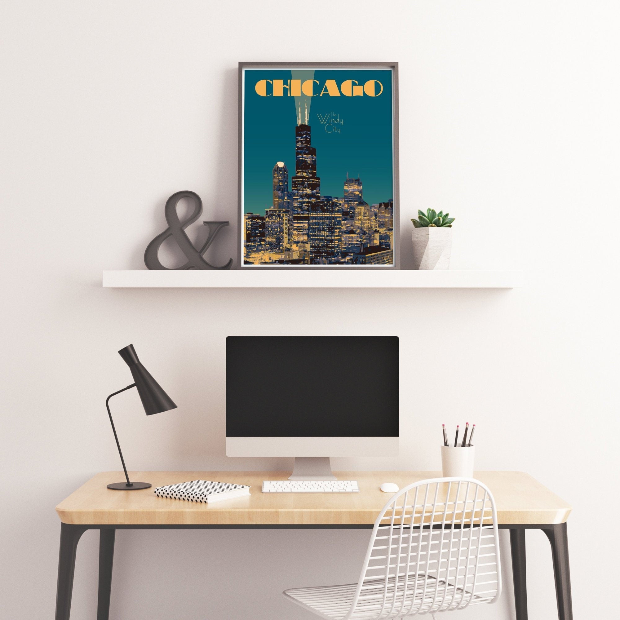 Chicago Illinois Travel Print, Chicago Cityscape Poster, Chicago Vintage Style Travel Art