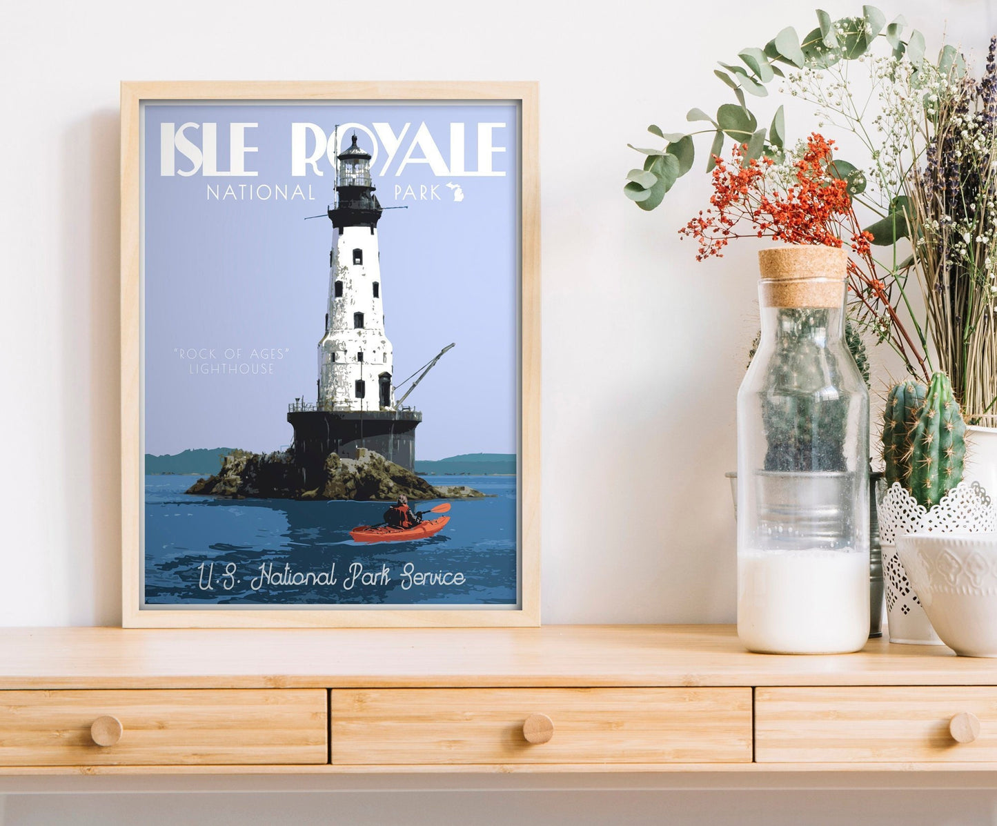 Isle Royale National Park Print, Isle Royale Lighthouse Print, Lake Superior Poster, Vintage Style Travel Art