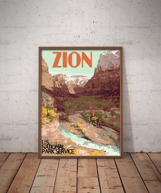 Zion National Park Print,  Zion Utah Poster, Utah Vintage Style Travel Art