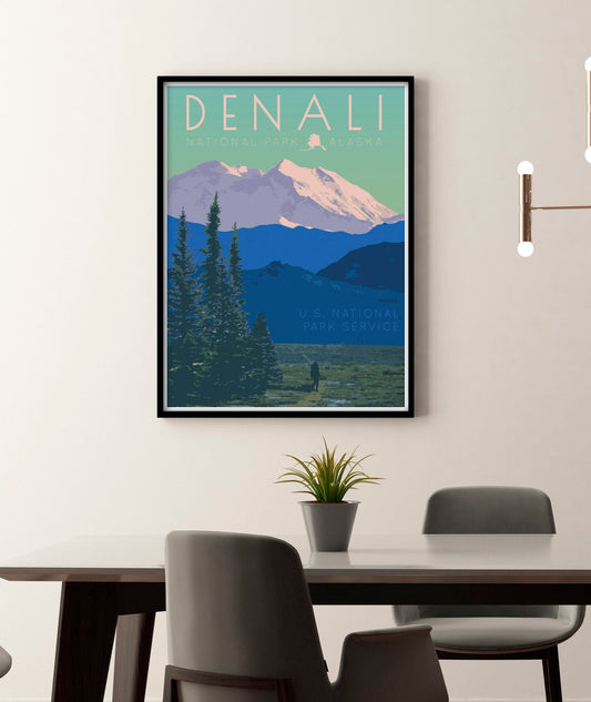 Denali National Park Print, Denali Alaska Poster, Alaska Vintage Style Travel Art