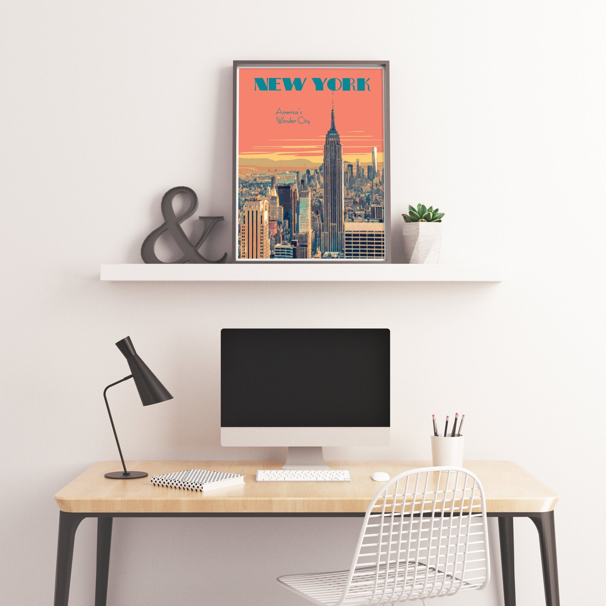 New York City Print, New York Cityscape Poster, Vintage Style Travel Art