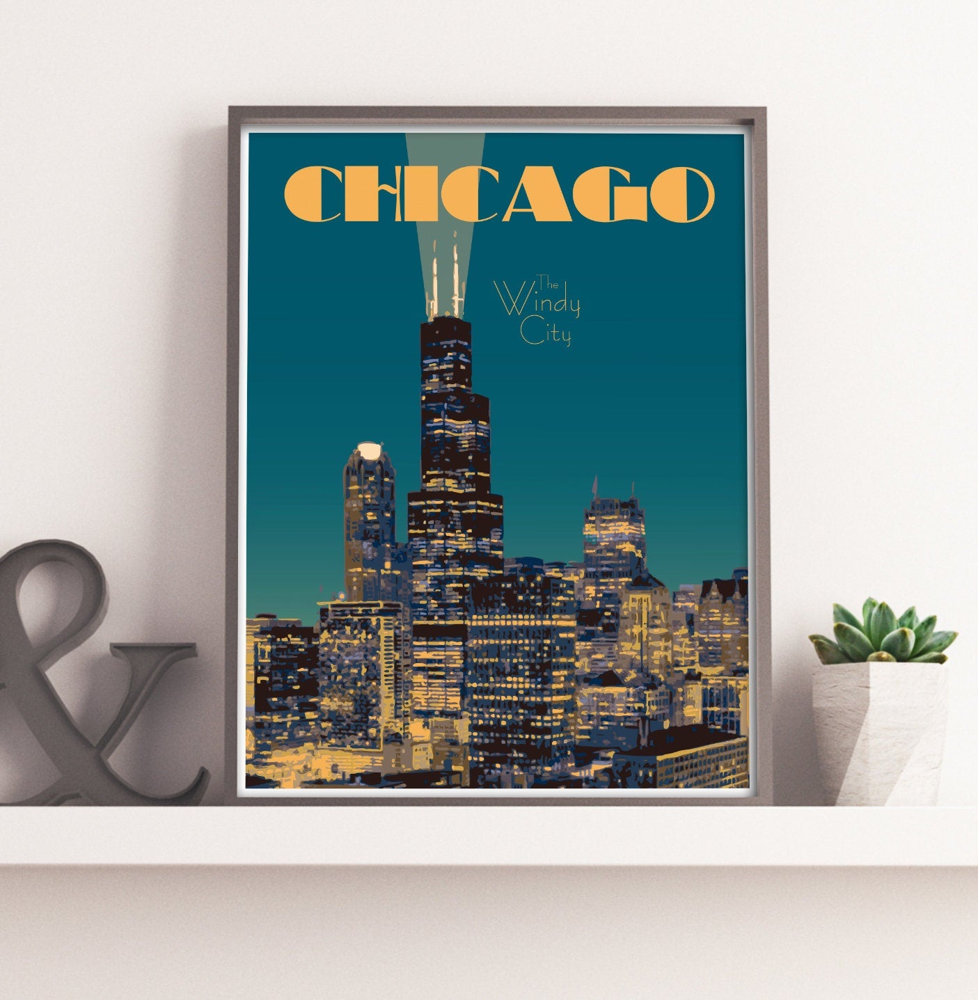 Chicago Illinois Travel Print, Chicago Cityscape Poster, Chicago Vintage Style Travel Art