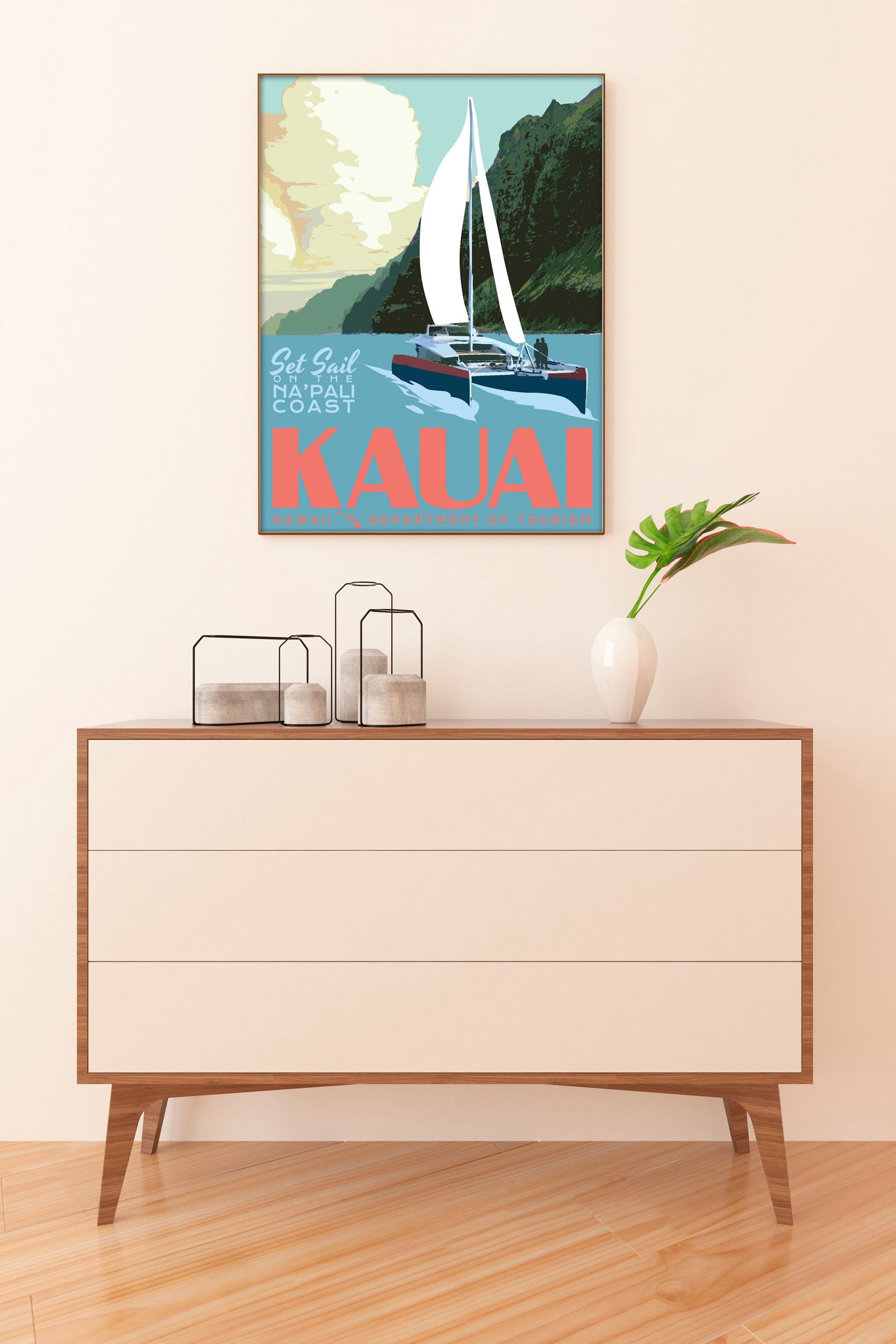 Kauai Hawaii Print, Napali Coast Poster, Kauai Napali Coast Sailing Print, Vintage Style Travel Art