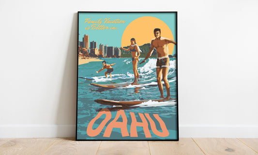 Oahu Hawaii Print, Oahu Hawaii Surfing Poster, Oahu Beach Print, Vintage Style Travel Art