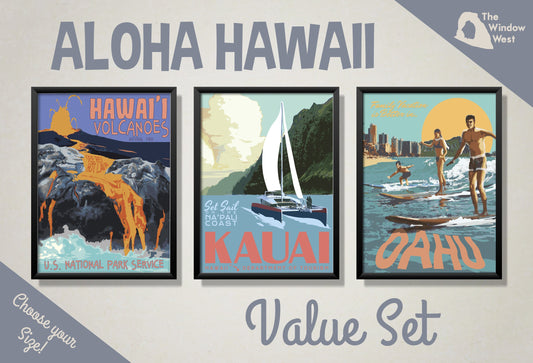 Hawaii Travel Prints, Hawaii Volcanoes National Park Poster, Kauai Poster, Oahu Poster, Three Print Value Set