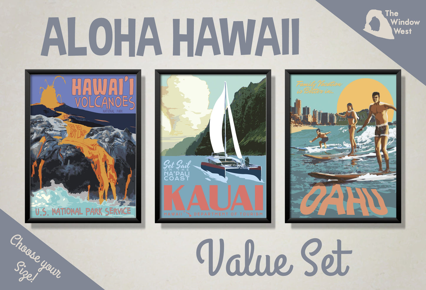 Hawaii Travel Prints, Hawaii Volcanoes National Park Poster, Kauai Poster, Oahu Poster, Three Print Value Set