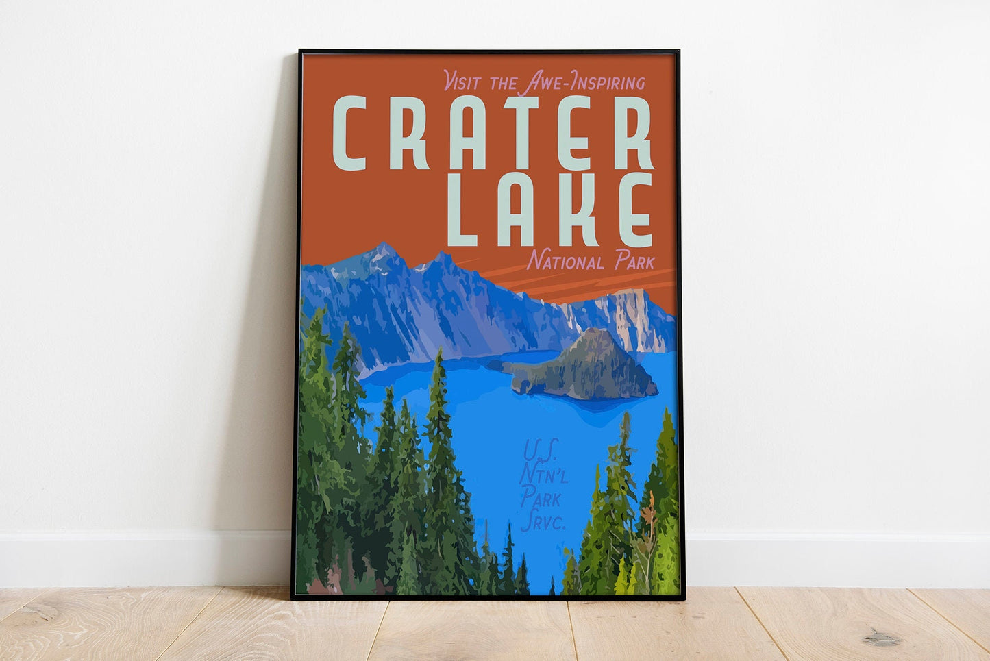 Crater Lake National Park Print, Crater Lake Oregon Poster, Oregon Vintage Style Travel Art