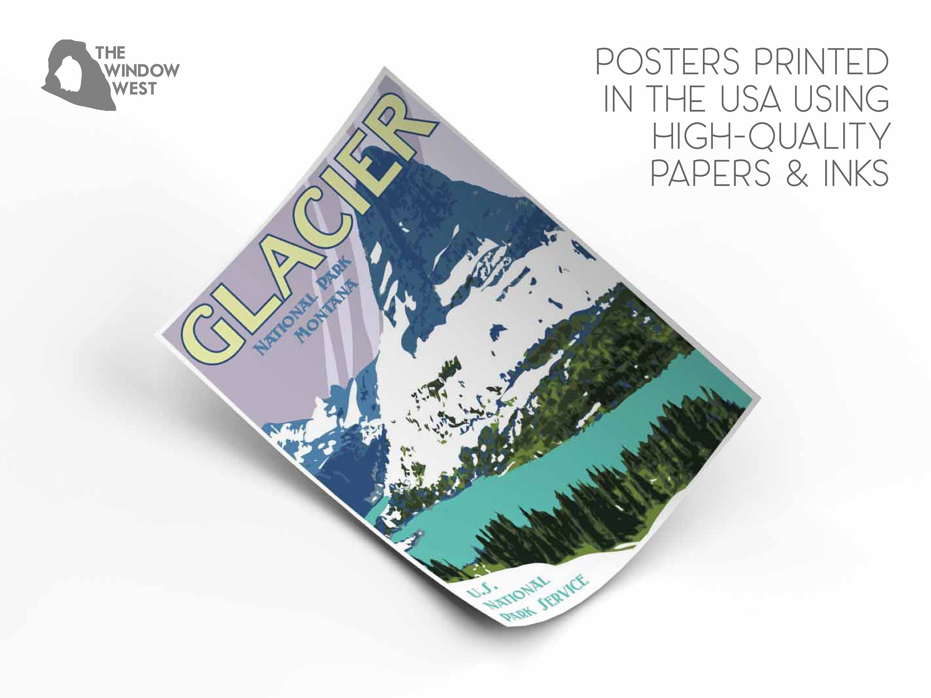 Glacier National Park Print, Glacier Montana Poster, Glacier Vintage Style Travel Art