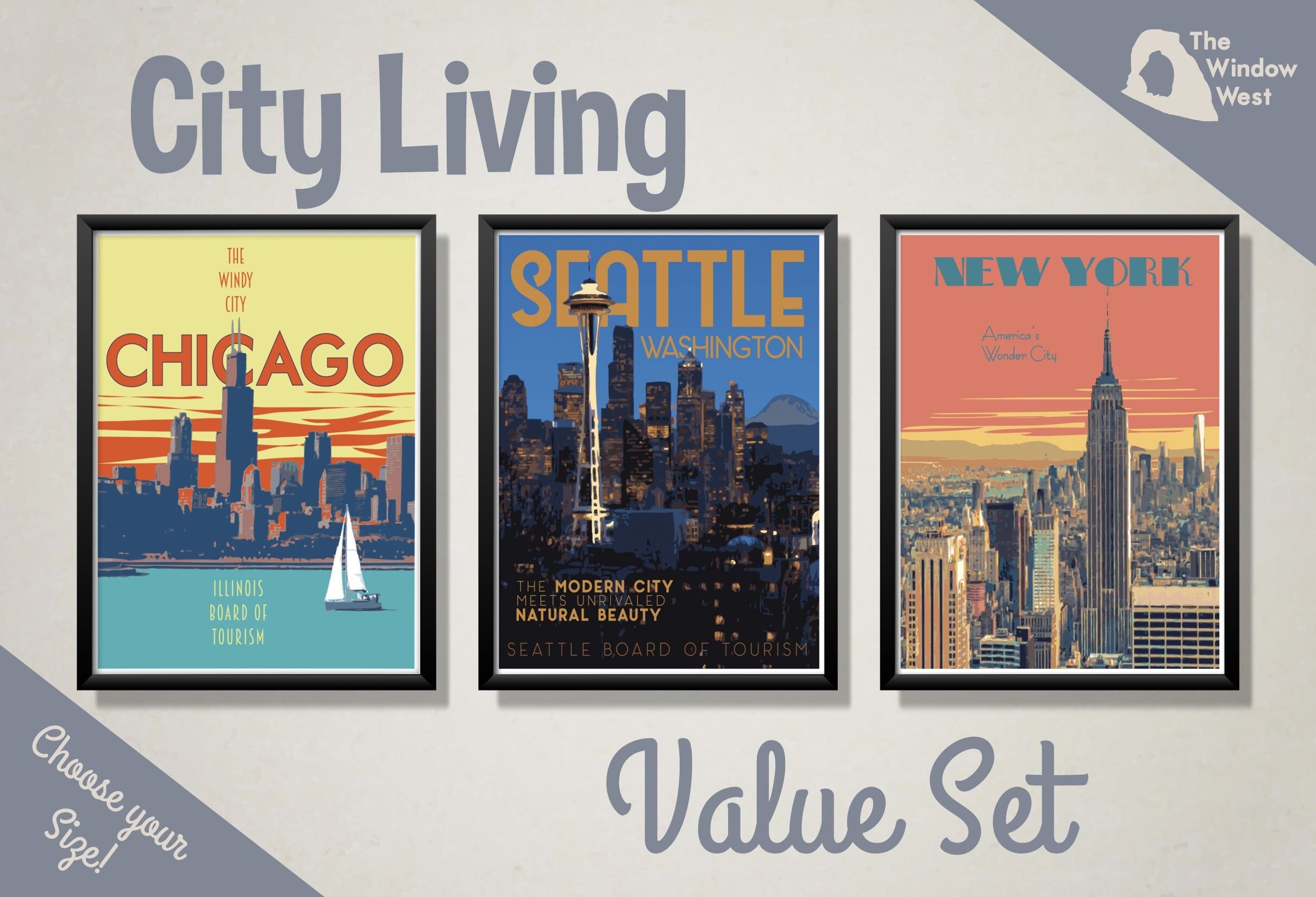 City Vintage Style Travel Poster Set, Chicago Print, New York City Print, Seattle Print, Three Print Value Set