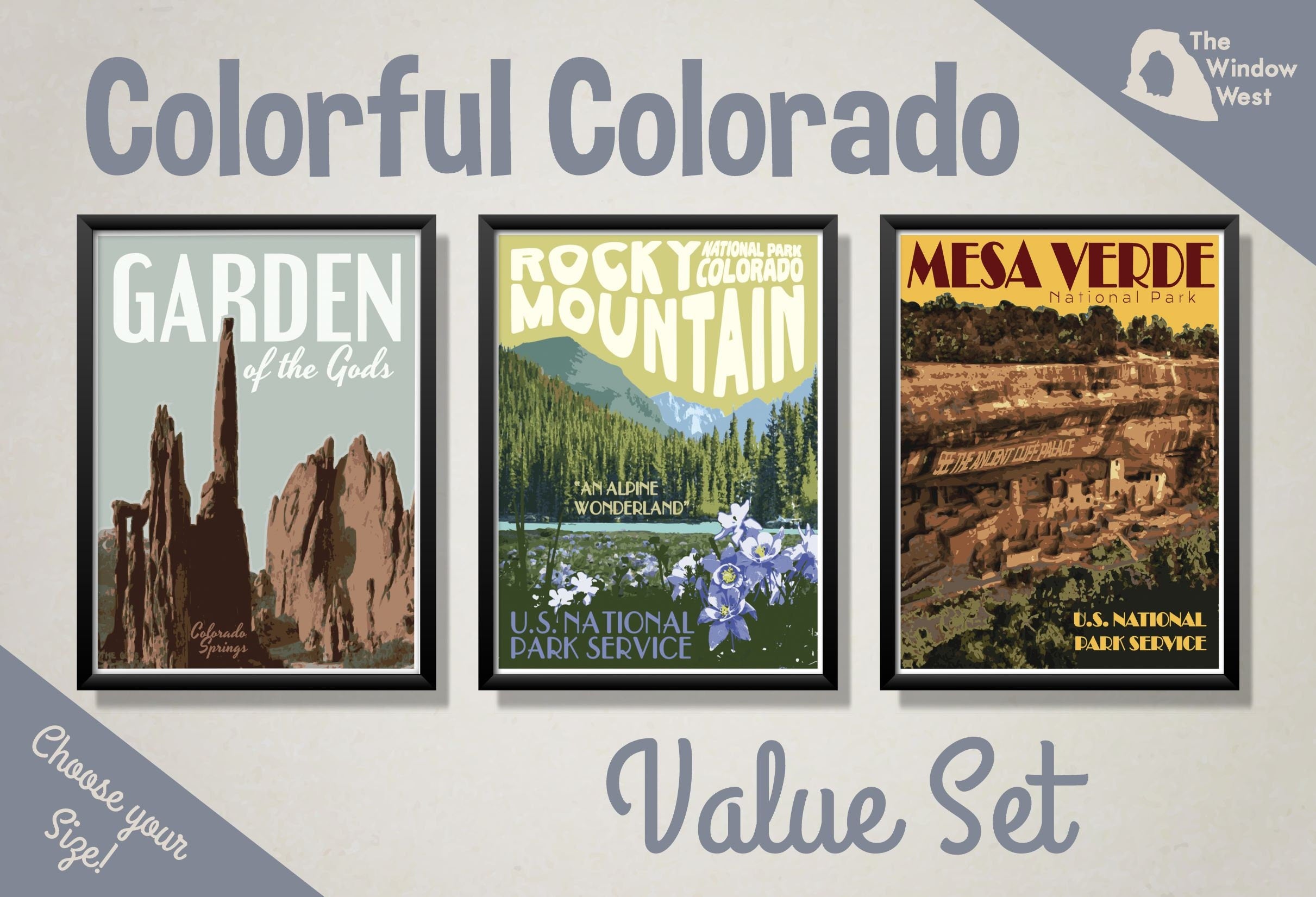 Colorado Vintage Style Travel Posters, Garden of the Gods Print, Rocky Mountain National Park Print, Mesa Verde National Park Print, Three Print Value Set