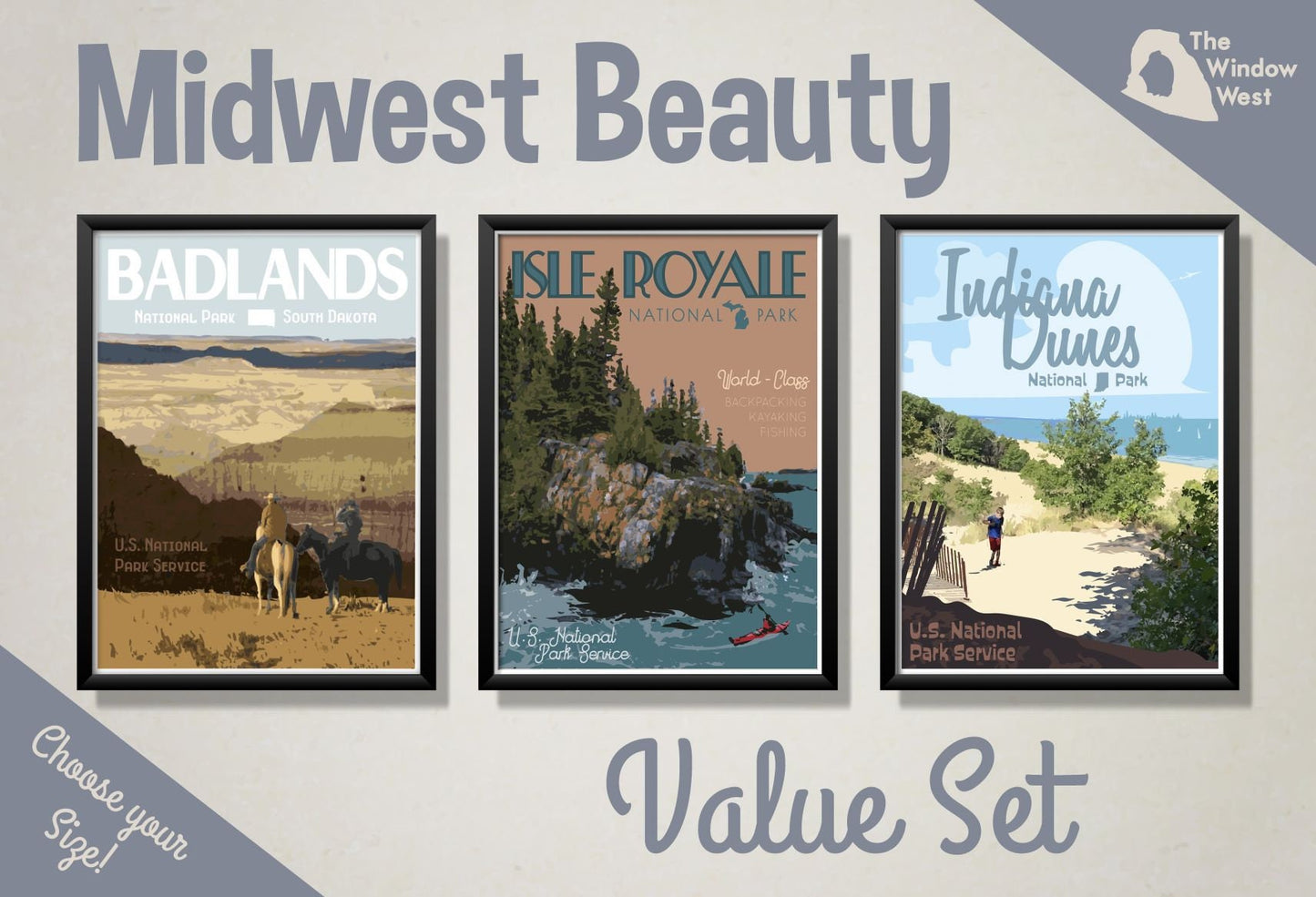 Midwest National Parks Print, Badlands National Park Print, Isle Royale National Park Print, Indiana Dunes National Park Print, Three Print Value Set