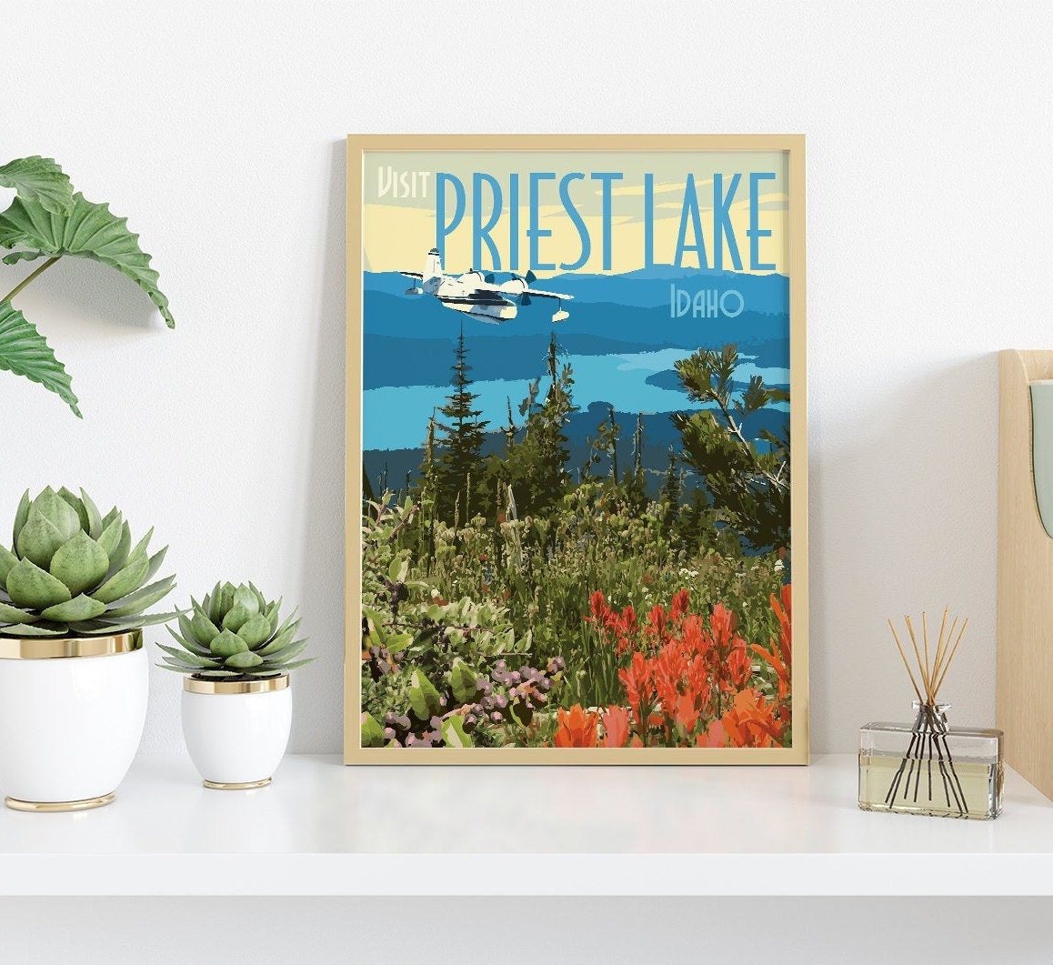 Priest Lake Idaho Print, Priest Lake Poster, Vintage Style Travel Art