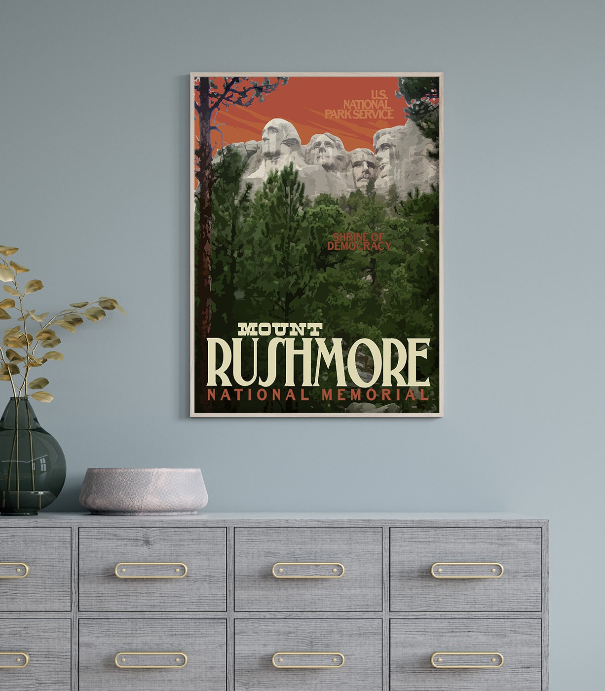 Mount Rushmore National Memorial Print, Mount Rushmore South Dakota Poster, Vintage Style Travel Art