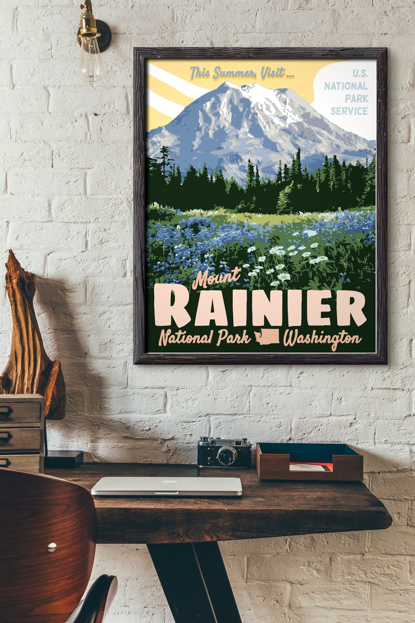 Mount Rainier National Park Print, Mount Rainier Washington Poster, Vintage Style Travel Art