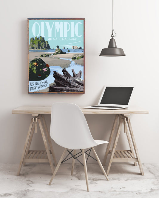 Olympic National Park Print, Olympic Washington Beach Poster, Olympic National Park Sea Stacks Print, Vintage Style Travel Art